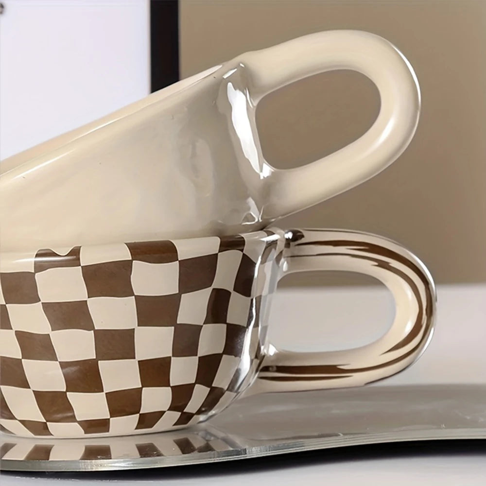 A 300ml ceramic retro couple checkerboard grid small capacity milk white wind mug coffee cups - V.I.P Digital Presence