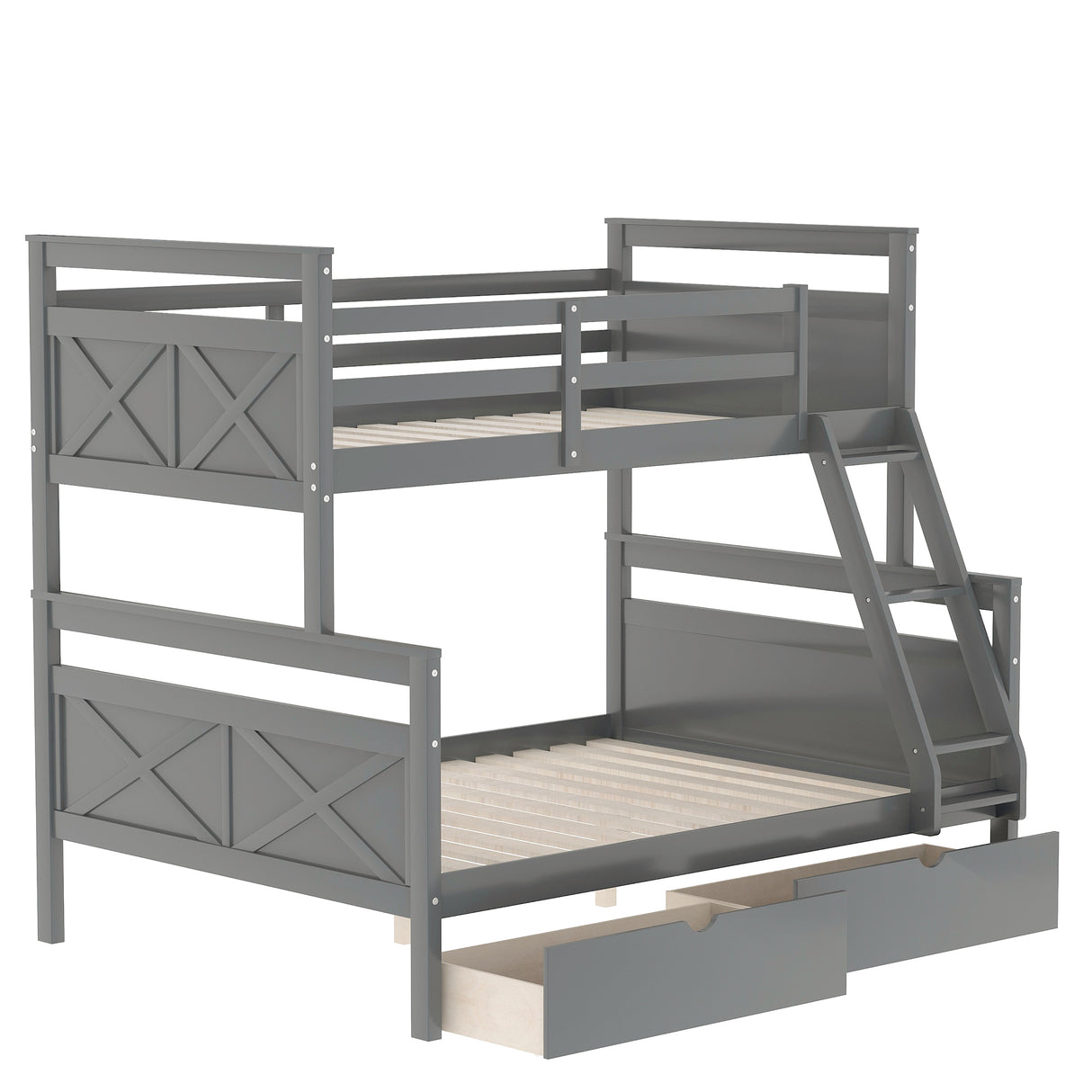 Twin over Full Bunk Bed with Ladder Two Storage Drawers Safety Guardrail Gray