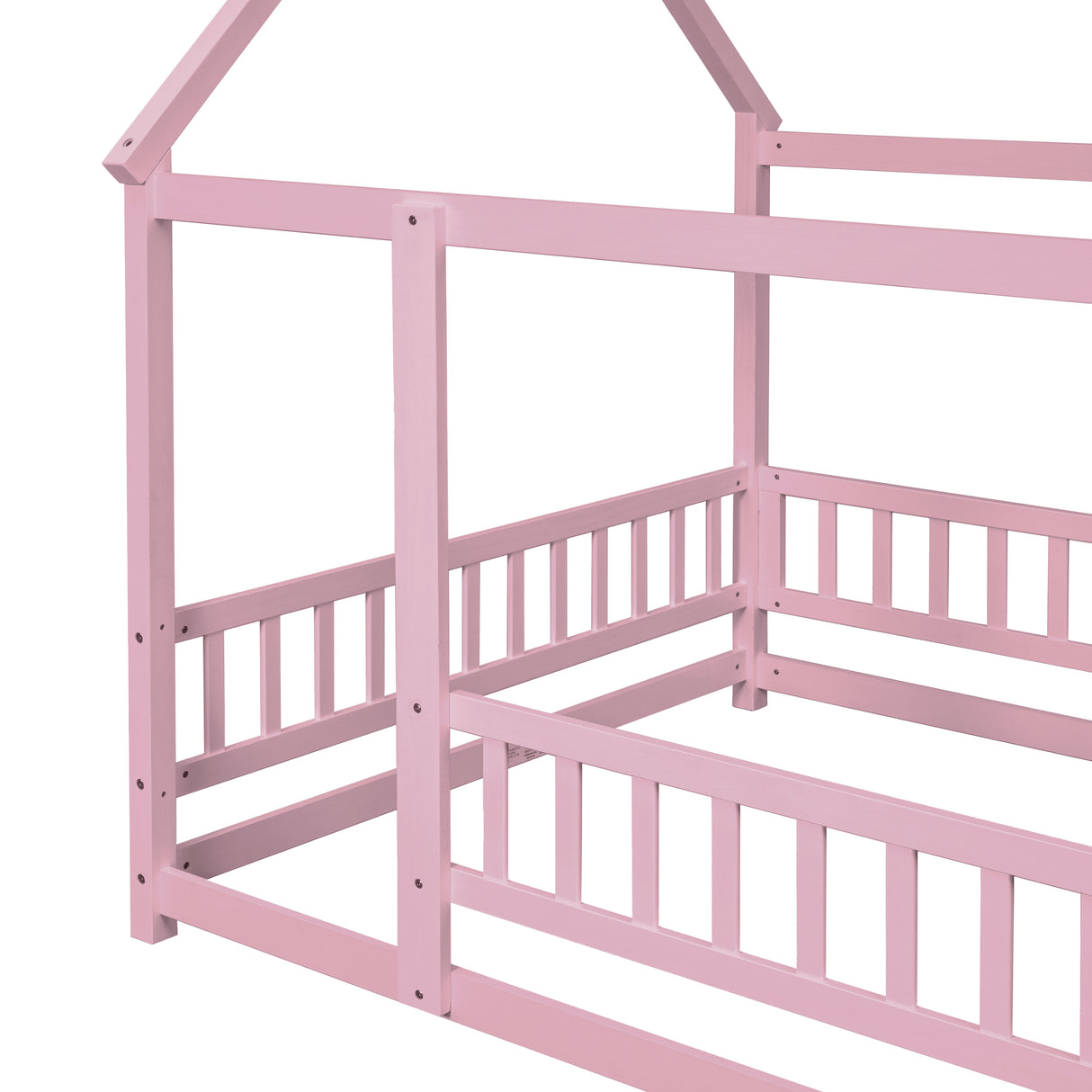 Full Size Floor Wooden Bed with House Roof Frame, Fence Guardrails ,Pink - V.I.P Digital Presence