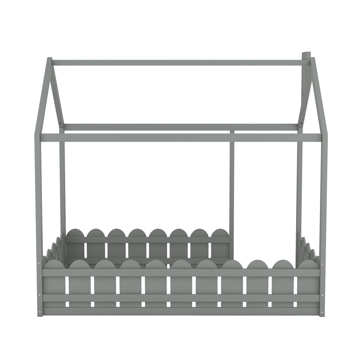 {Slats are not included}Twin Size Wood Bed House Bed Frame with Fence for Kids Teens Girls Boys {Gray}
