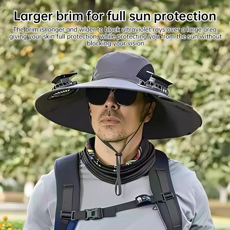 Solar fan hat: wide - brim bucket hat with 2 solar fans, men’s summer cap for outdoor fishing, camping, hiking. - V.I.P Digital Presence