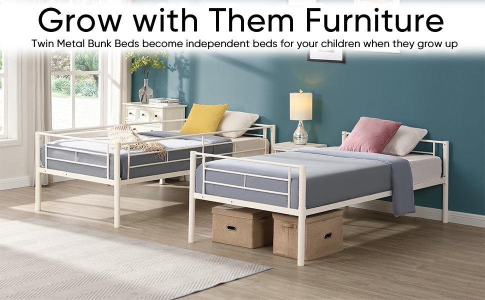 Twin metal bunk beds, metal structure bed frame with safety guardrails and 2 ladders, convertible bunk beds, white - V.I.P Digital Presence