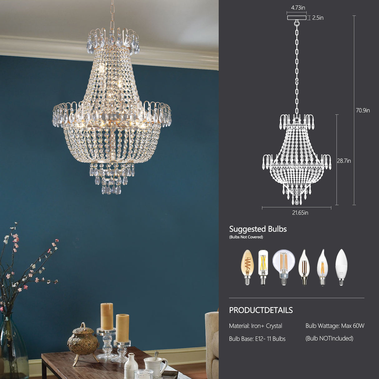 Golden crystal pendant light, large modern luxury ceiling lighting (without light bulbs) - V.I.P Digital Presence