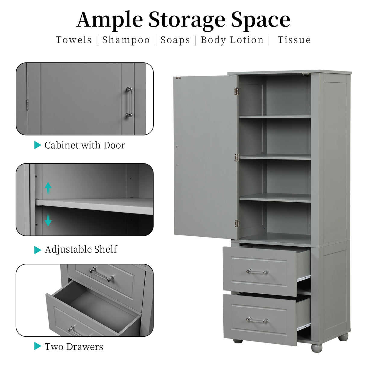 Tall Bathroom Storage Cabinet, Freestanding Storage Cabinet with Two Drawers and Adjustable Shelf, MDF Board , Grey - V.I.P Digital Presence