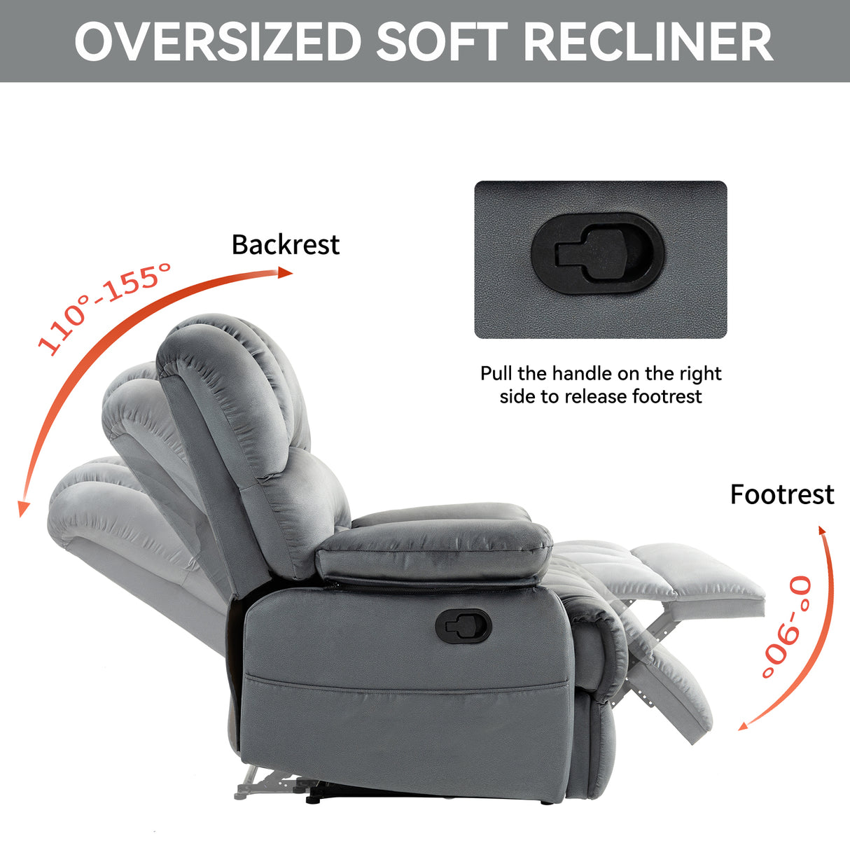 Large Manual Recliner Chair in Fabric for Living Room, Grey - V.I.P Digital Presence