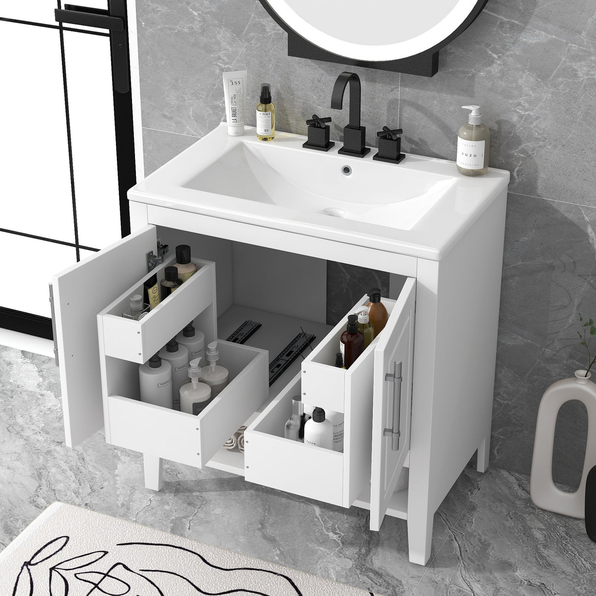 30" Bathroom Vanity with Sink Multi-functional Bathroom Cabinet with Doors and Drawers Solid Frame and MDF Board, White - V.I.P Digital Presence