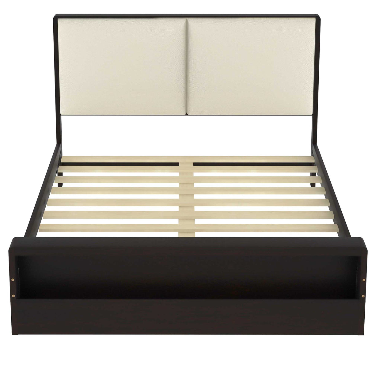 Queen Size Platform Bed Frame with Upholstery Headboard and Bookshelf in Footboard and LED Light Strips, Espresso - V.I.P Digital Presence