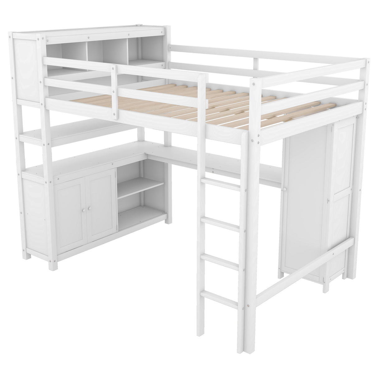 Wood Loft Bed with Cabinet and Bookshelf, Full Size Loft with Wardrobe and Desk for Kids,White - V.I.P Digital Presence