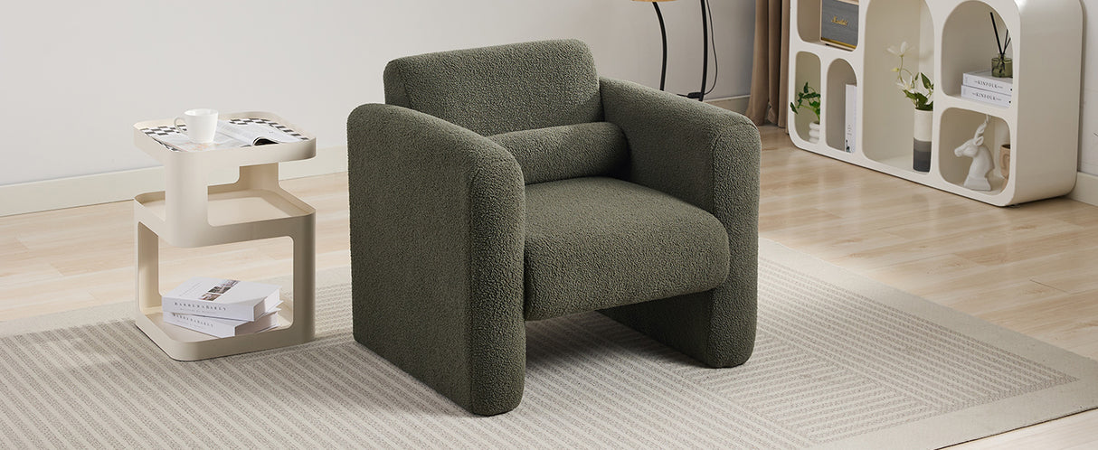 Modern style chair with sheepskin Sherpa fabric soft cushion, comfortable armchair, soft with backrest and pillow, seaweed green - V.I.P Digital Presence