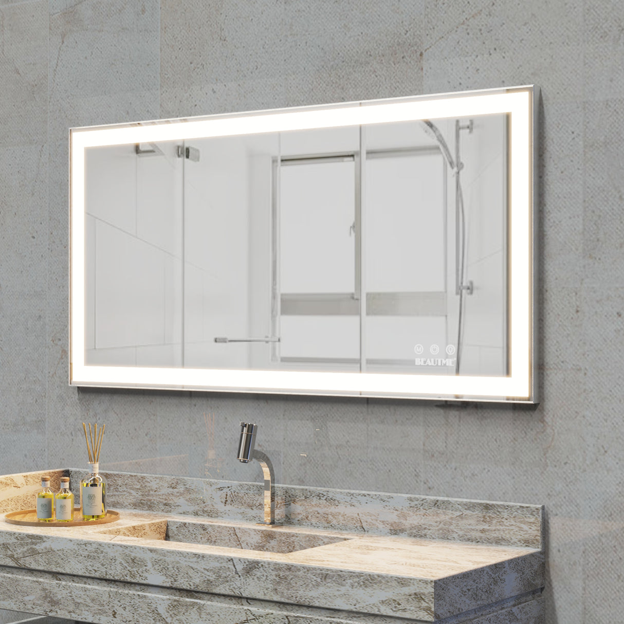 48x24 inch LED bathroom makeup mirror wall mounted adjustable light anti fog touch switch with memory intelligent large bathroom