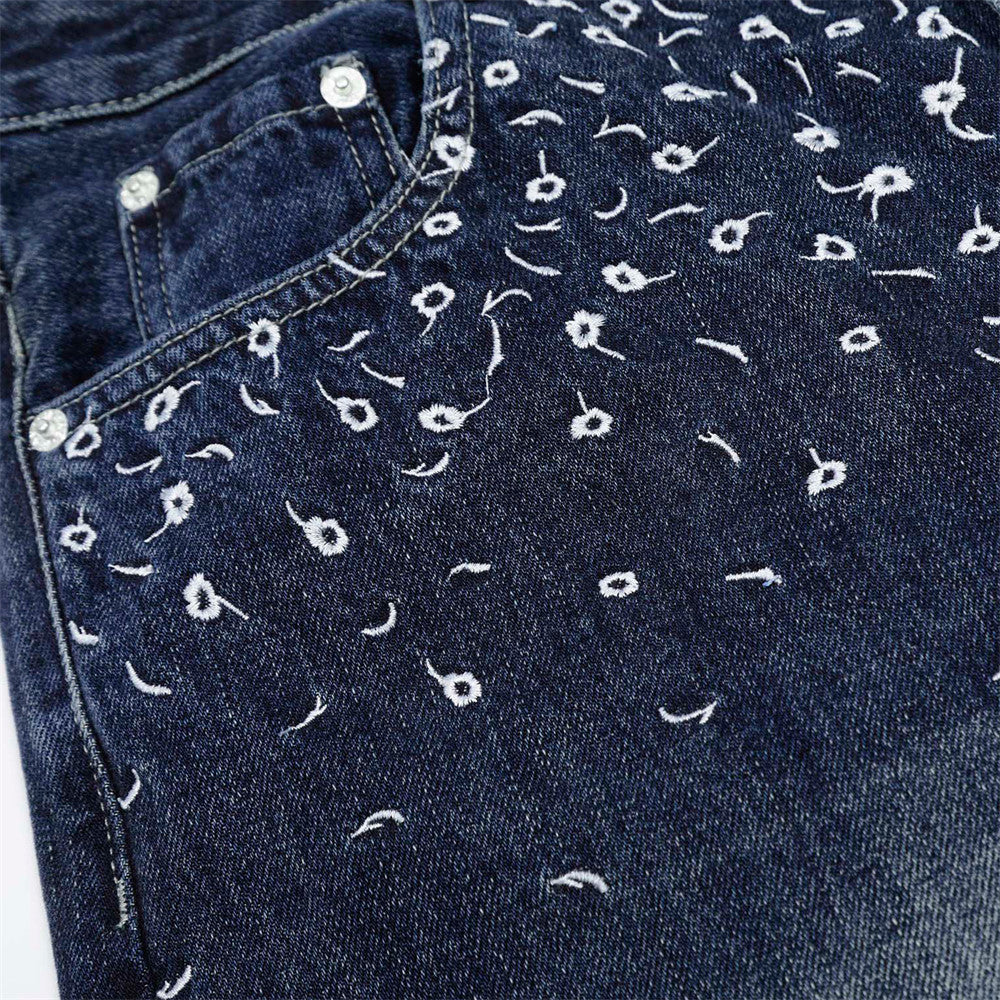 Street Design Floral Embroidered Denim Wide-Leg Long Pants Men's Vibe Trendy Washed Distressed Straight Leg Trousers - V.I.P Digital Presence