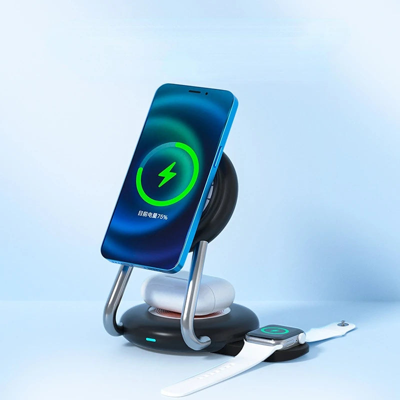 3 IN 1 Desk Magnet Stand 15W Fast Wireless Charger For Apple Watch iPhone 14 13 12 11 Pro Max 13 12 Mini Samsung S23 S22 Qi Base - V.I.P Digital Presence