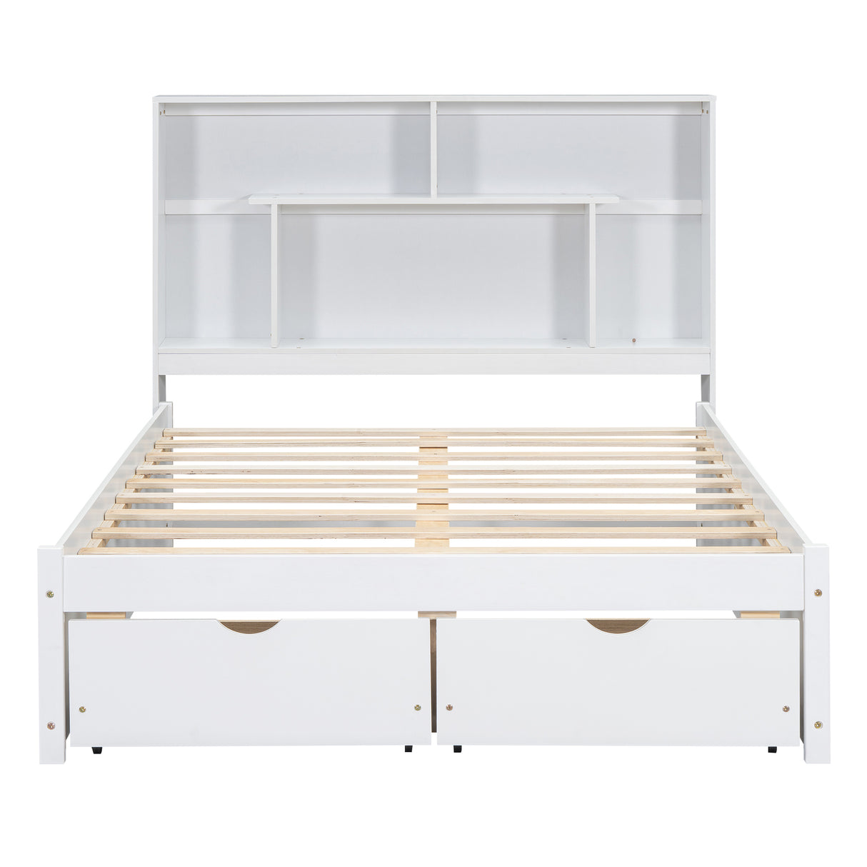 Full Size Platform Bed with Storage Headboard and 2 Drawers, White - V.I.P Digital Presence