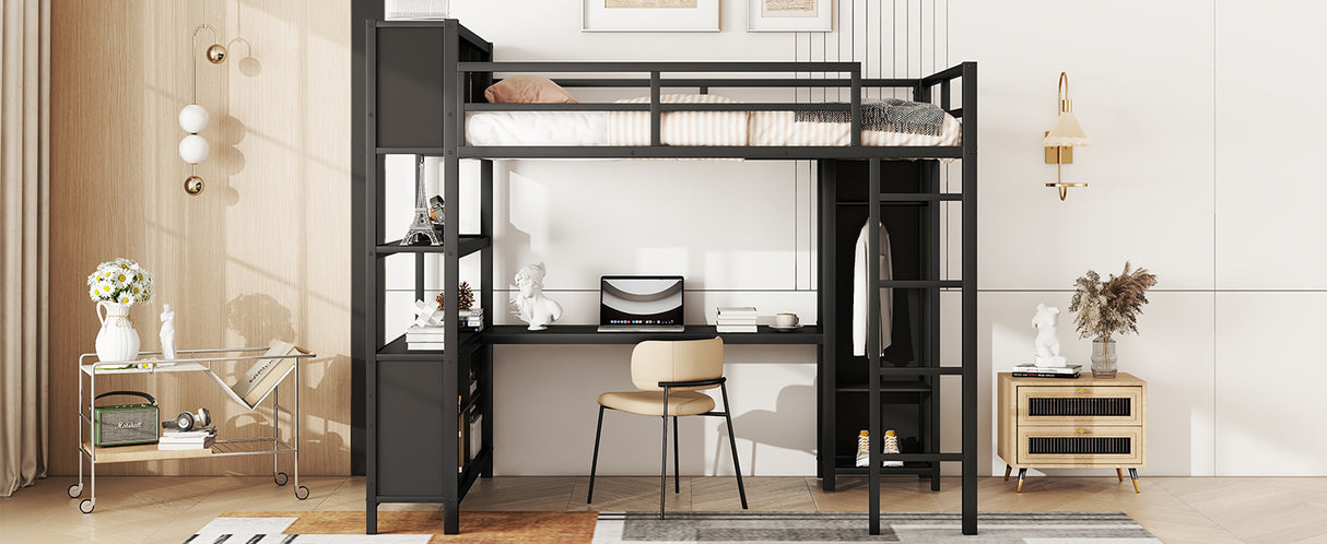 Metal loft bed with wardrobe and L-shaped desk, full-size loft bed with storage cabinet and shelf, heavy-duty loft bed, black - V.I.P Digital Presence