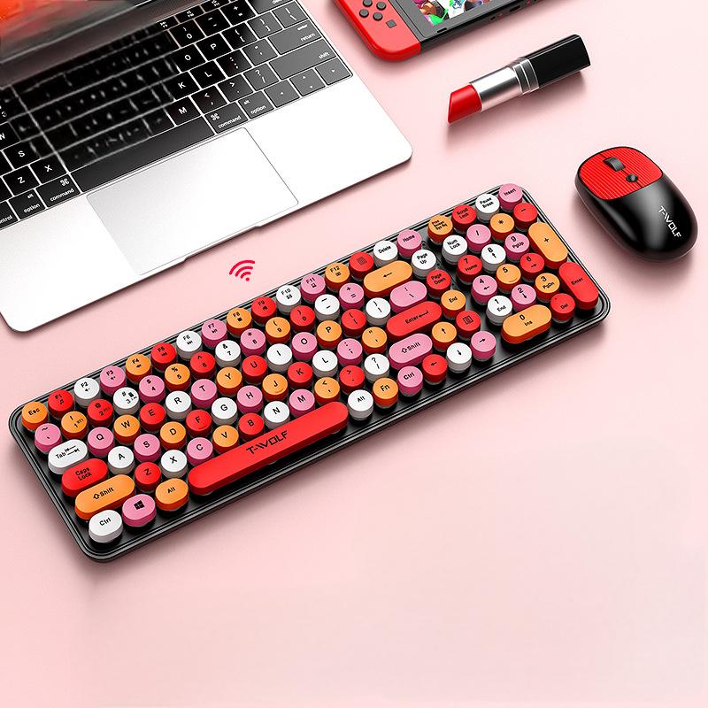 T-WOLF Thunder Wolf TF350 Wireless Keyboard and Mouse Set for Girls, Colorful Punk Retro Mouth Red Round Key Cap - V.I.P Digital Presence