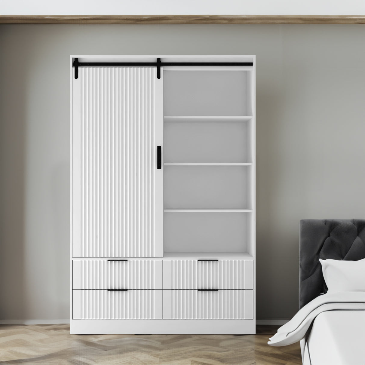 Tall Bedroom Armoire Wardrobe Closet Clothing Storage Cabinet with Hanging Rod Barn Door Drawers Open Shelves,White - V.I.P Digital Presence