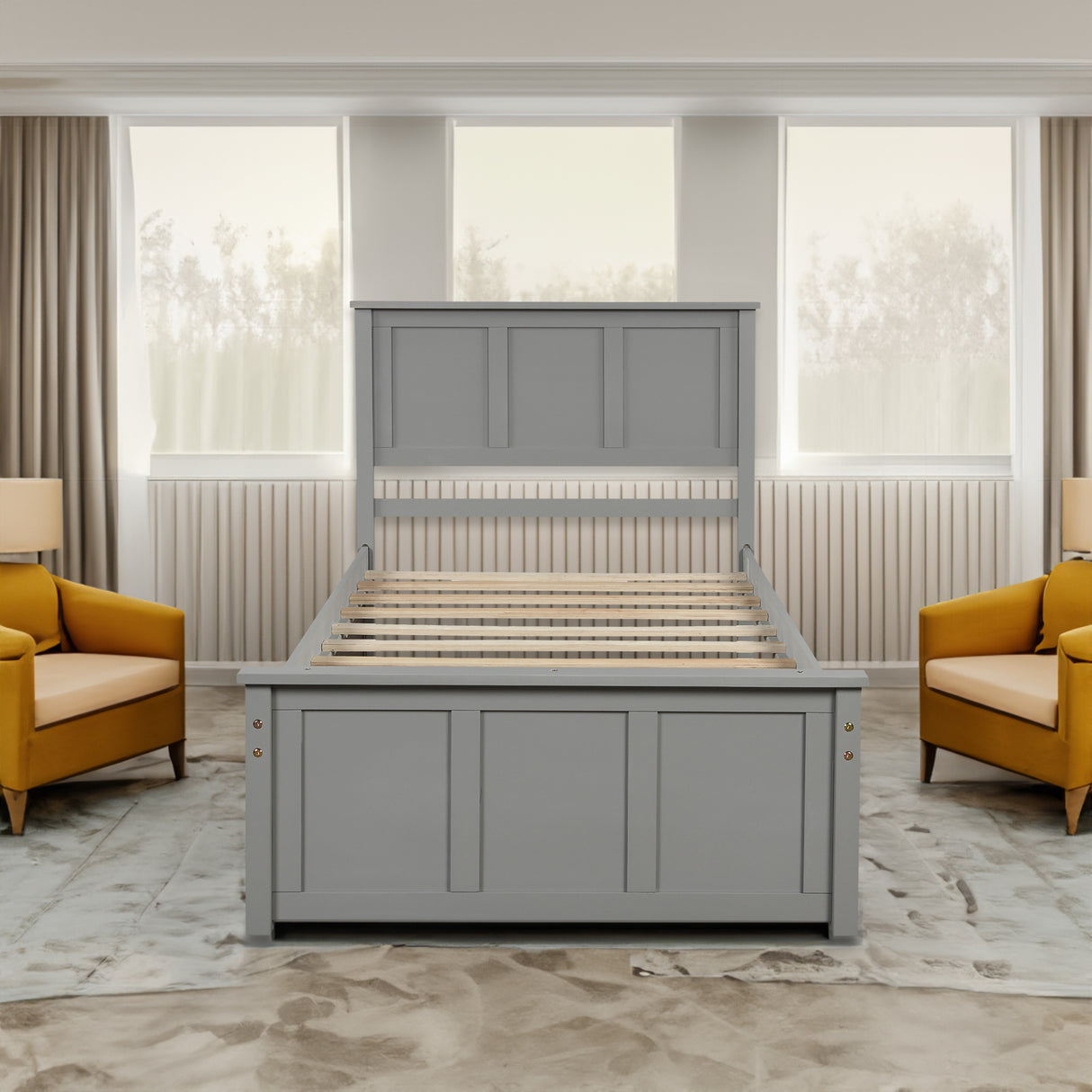 Platform Bed with Twin Size Trundle, Twin Size Frame, Gray