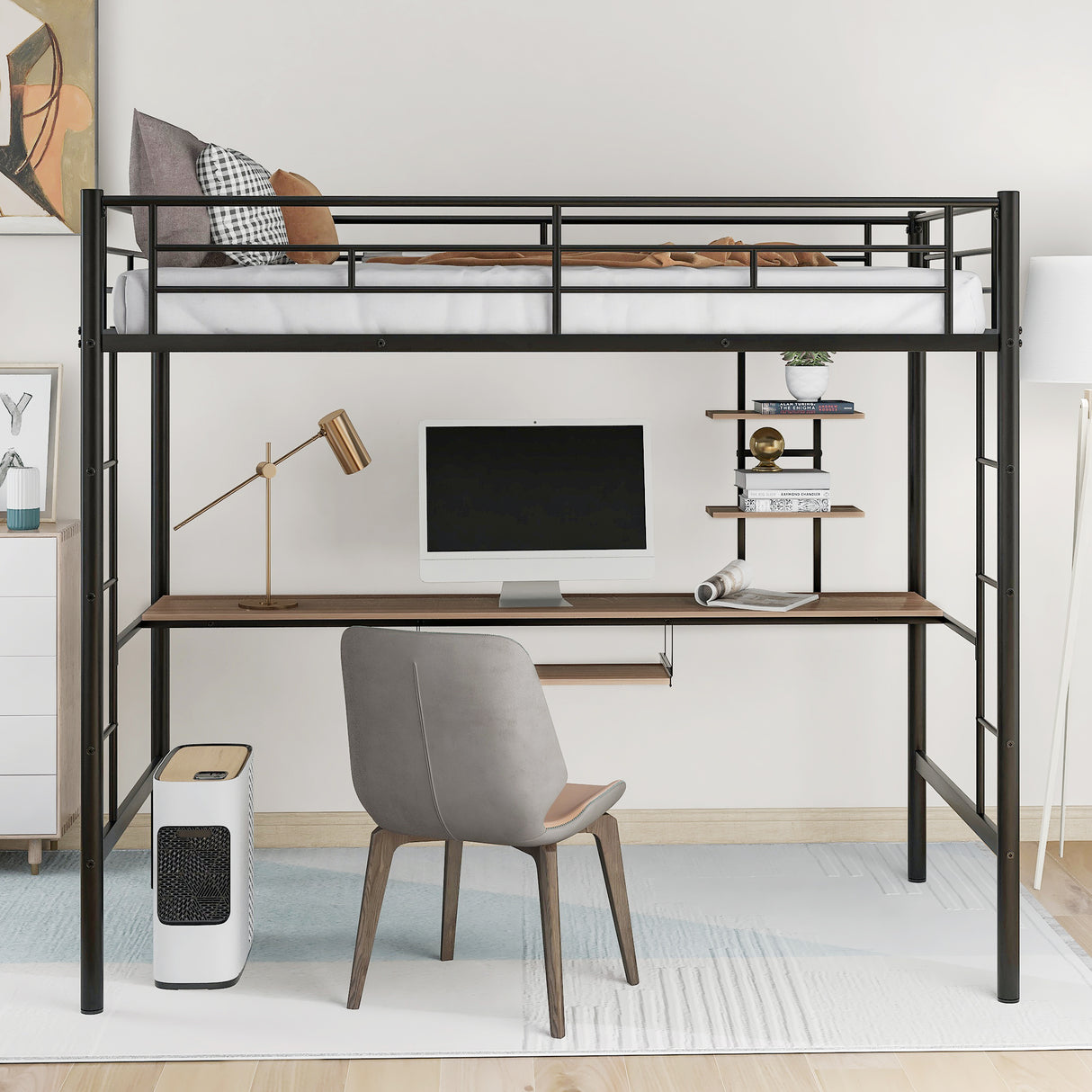 Loft Bed with Desk and Shelf Space Saving Design Twin
