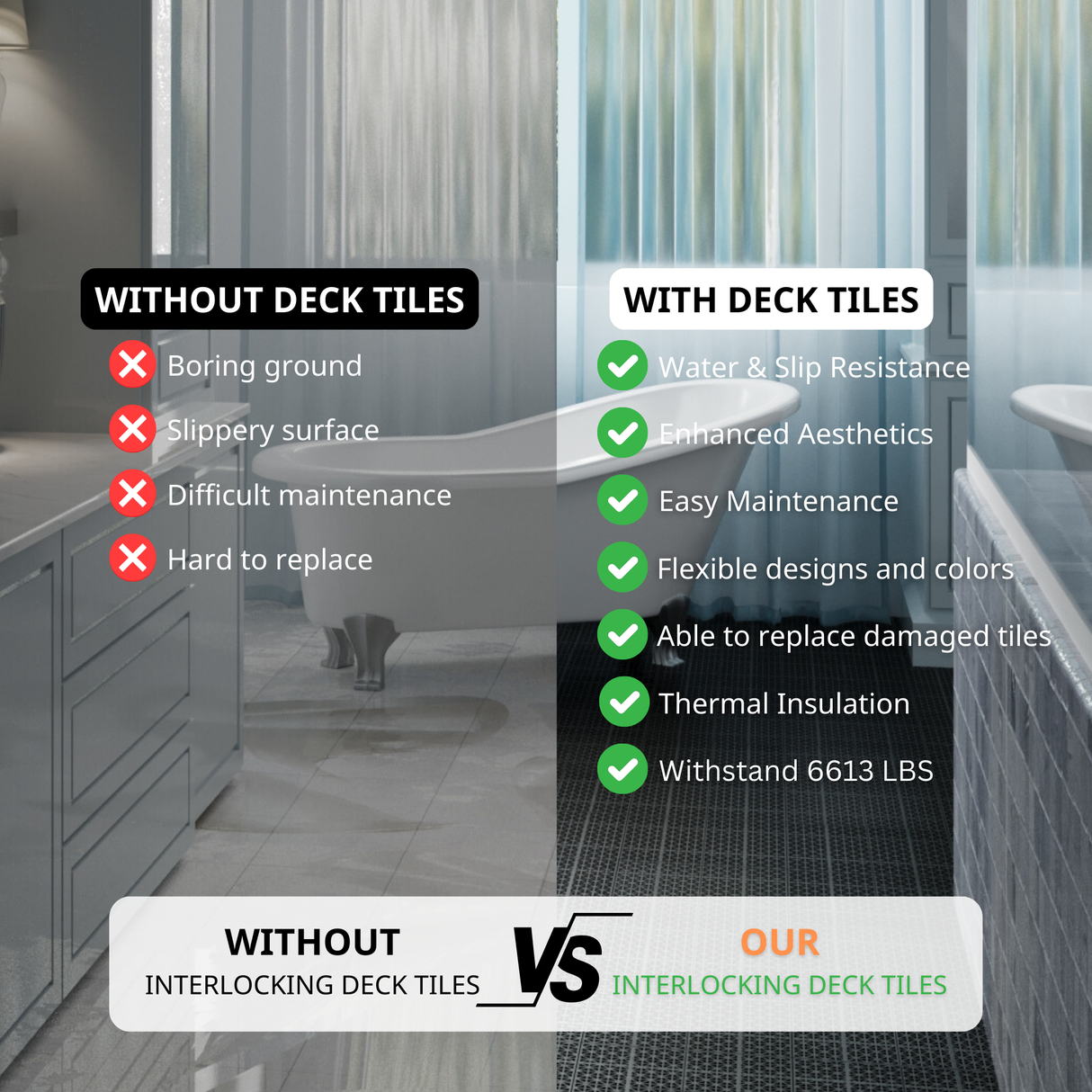 12 x 12 inch black interlocking deck tiles, plastic waterproof, weighing up to 6613 pounds, with a rose pattern pack of 12 - V.I.P Digital Presence