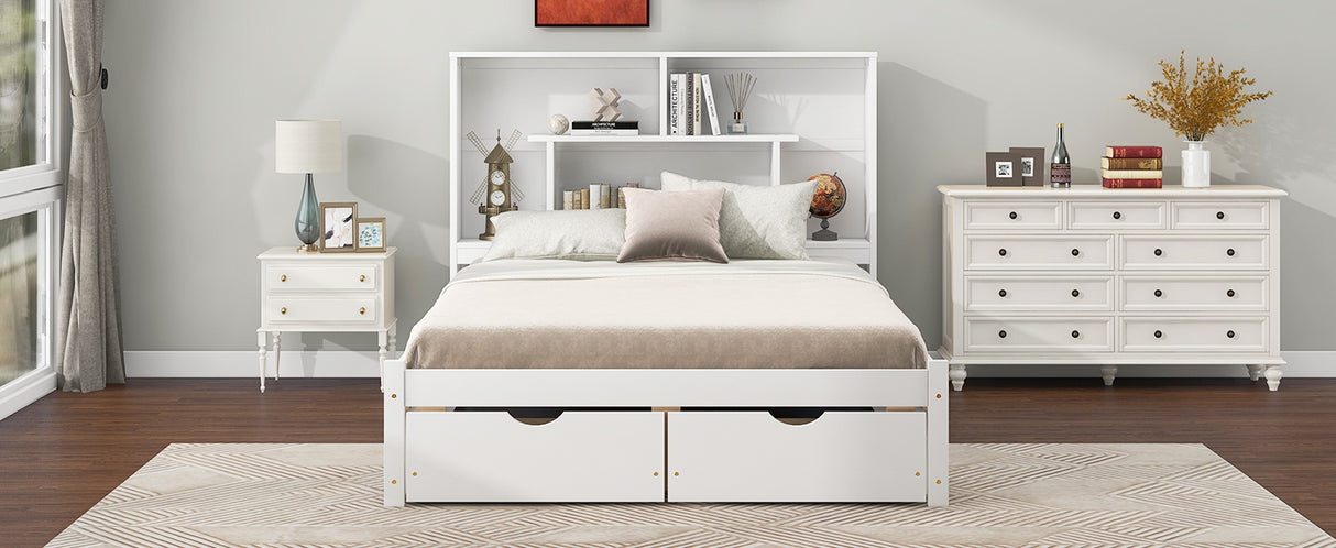 Full Size Platform Bed with Storage Headboard and 2 Drawers, White - V.I.P Digital Presence