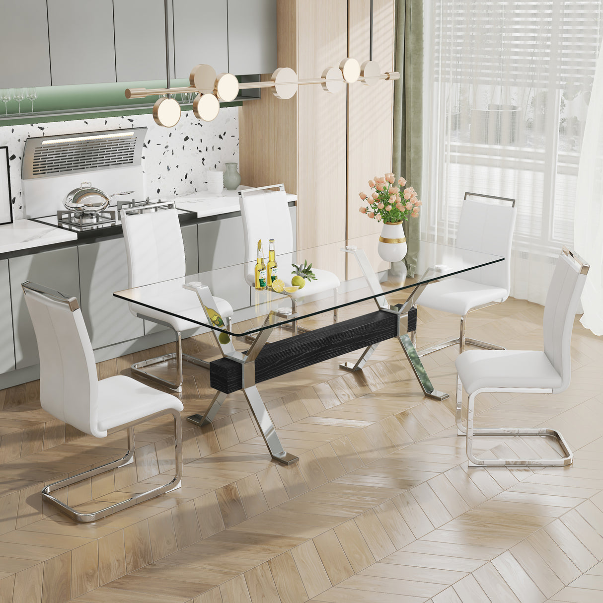 Dining table Modern tempered glass dining table Large modern office desk with silver plated metal legs and MDF crossbars - V.I.P Digital Presence