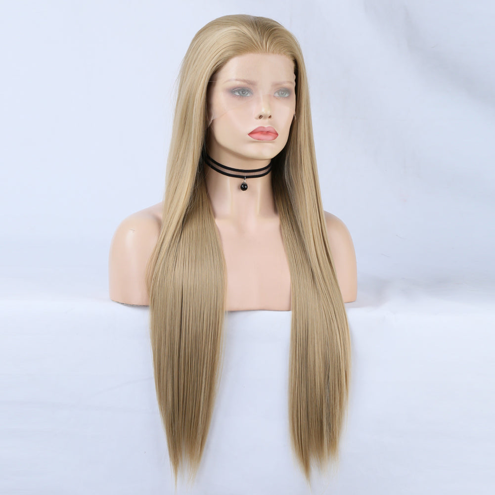 Linen Lace Front Wig Ombre Synthetic Hair Wig Middle Part Highlight Wig Long Straight Hair - V.I.P Digital Presence