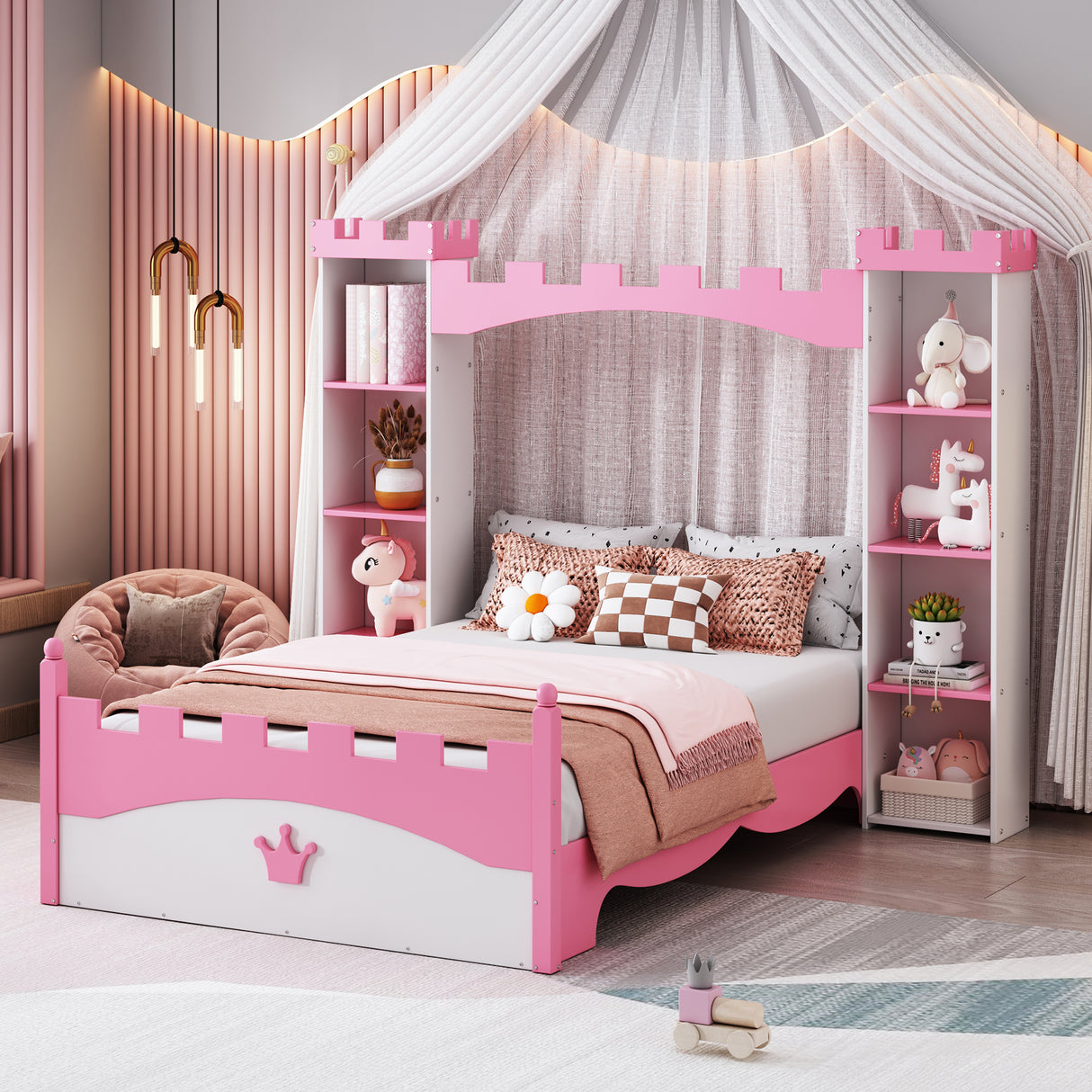 Castle-Shaped Wooden Bed with Storage Shelf, Dreamy Twin Size Platform Bed for Kids Bedroom, White + Pink - V.I.P Digital Presence