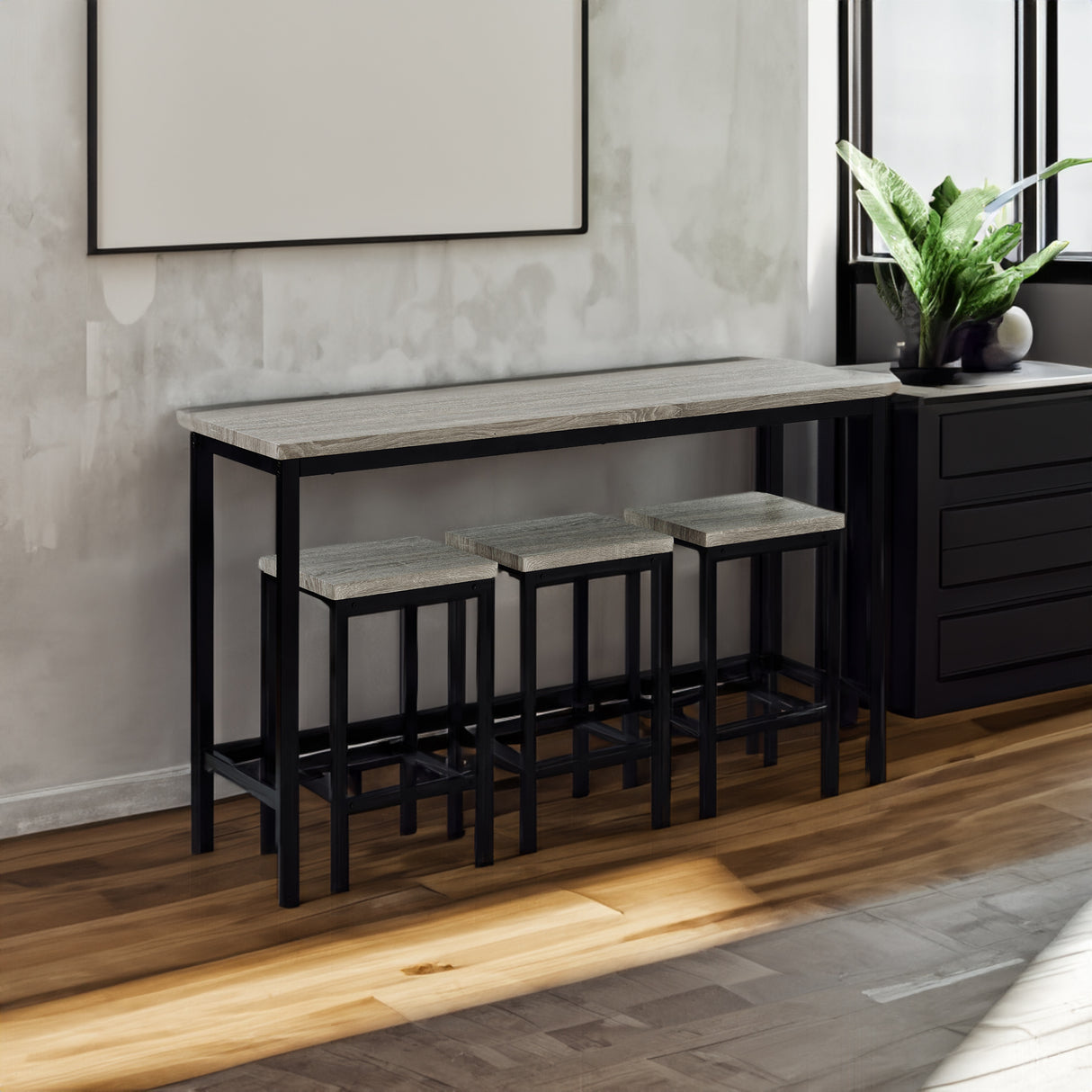 TOPMAX Counter Height Extra Long Dining Table Set with 3 Stools Pub Kitchen Set Side Table with Footrest Gray