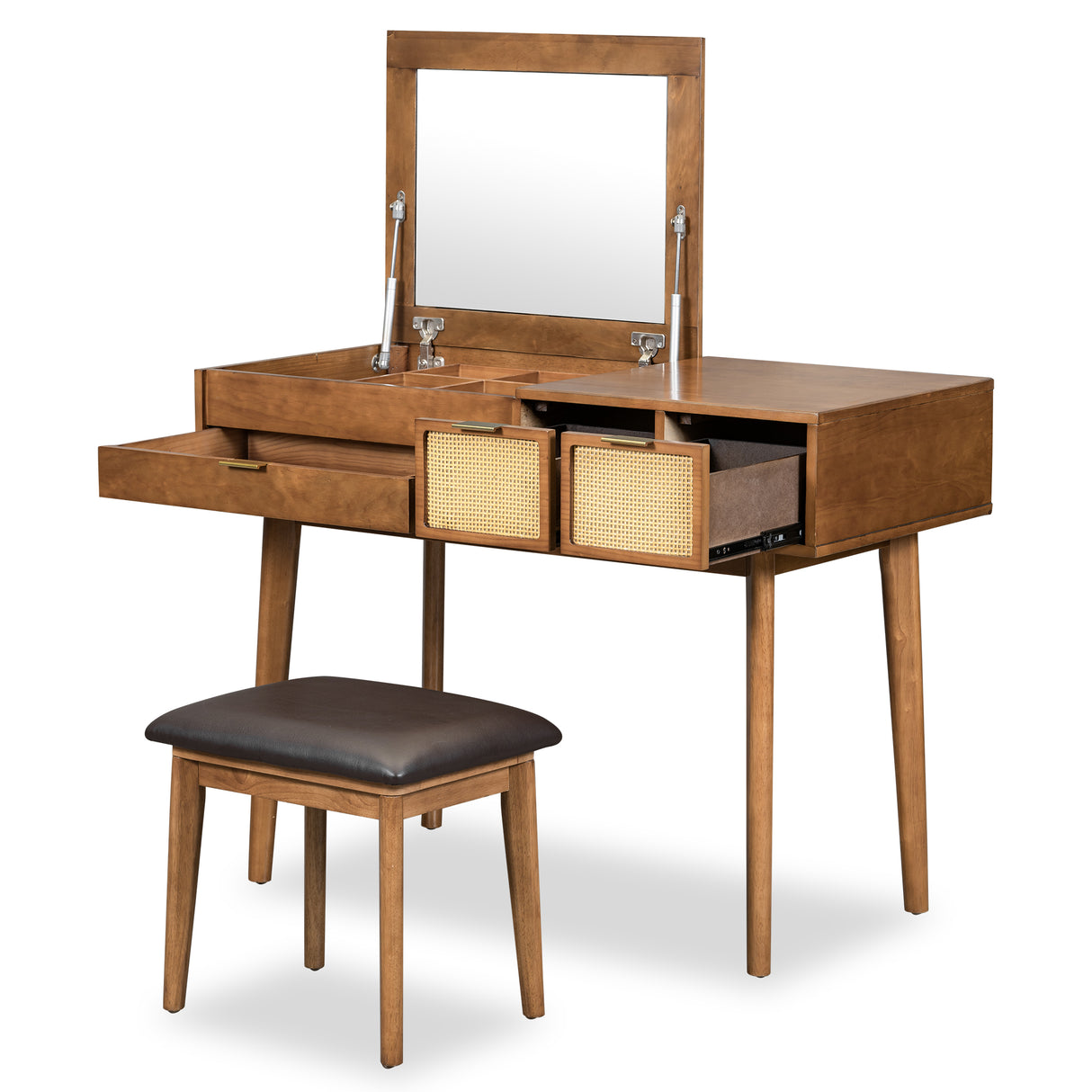 43.3 "Wooden vanity set with flip mirror and stool, three drawers and storage space for dressing table, brown