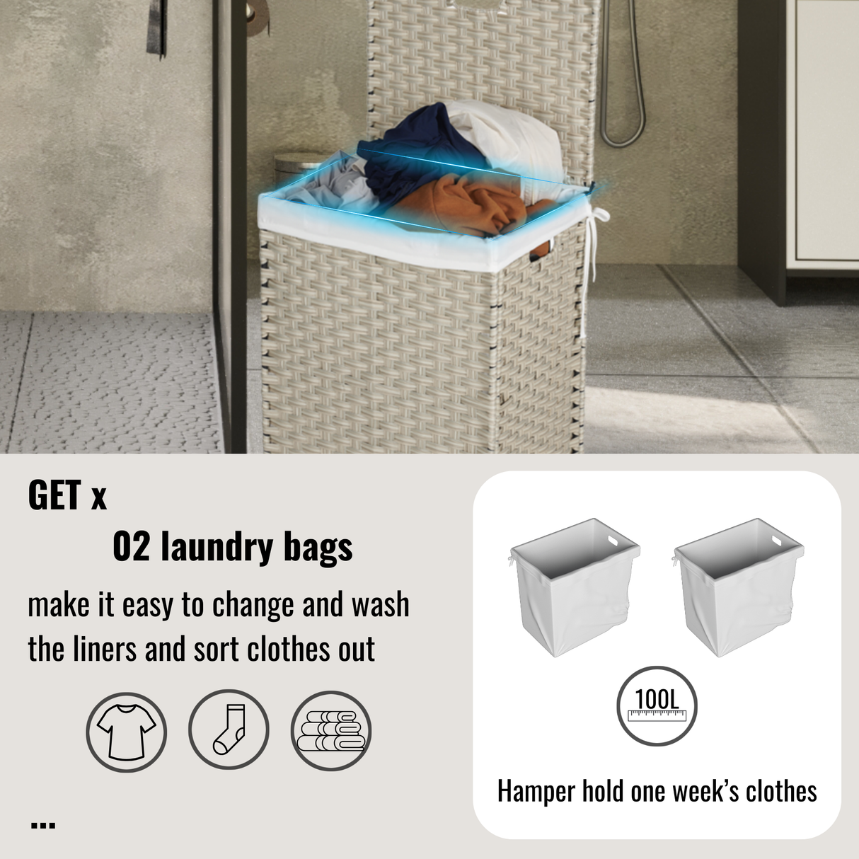 Laundry Hamper With Lid PE Rattan Powder Coating Frame Clothes Hampers with 02 Removable Bags, 100L, Grey Color - V.I.P Digital Presence