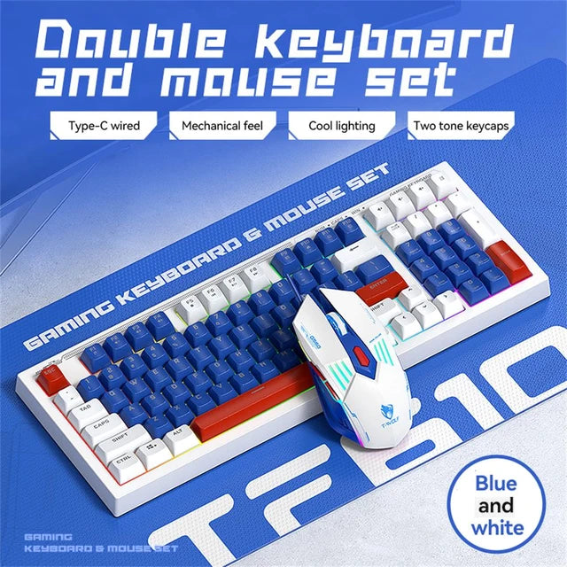 T-WOLF TF610 Keyboard and Mouse Game Keyboard and Mouse Set Mech Style Wired Esports Double Color White and Blue - V.I.P Digital Presence