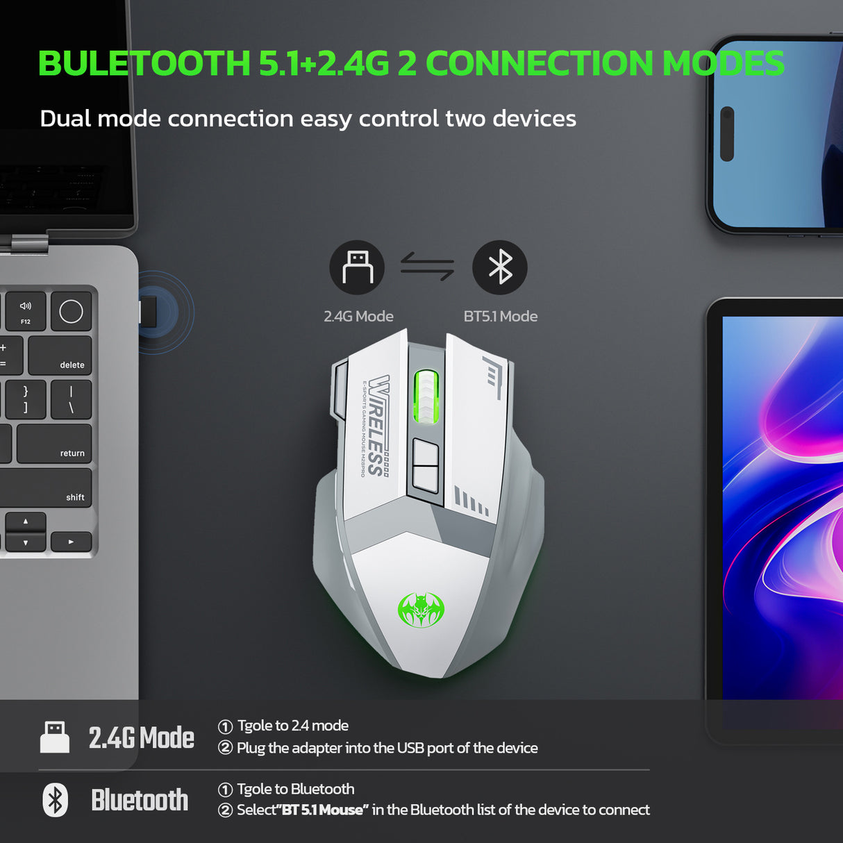 Wireless charging Bluetooth dual-mode 10 key mute gaming mouse 4800DPI mouse RGB color light - V.I.P Digital Presence