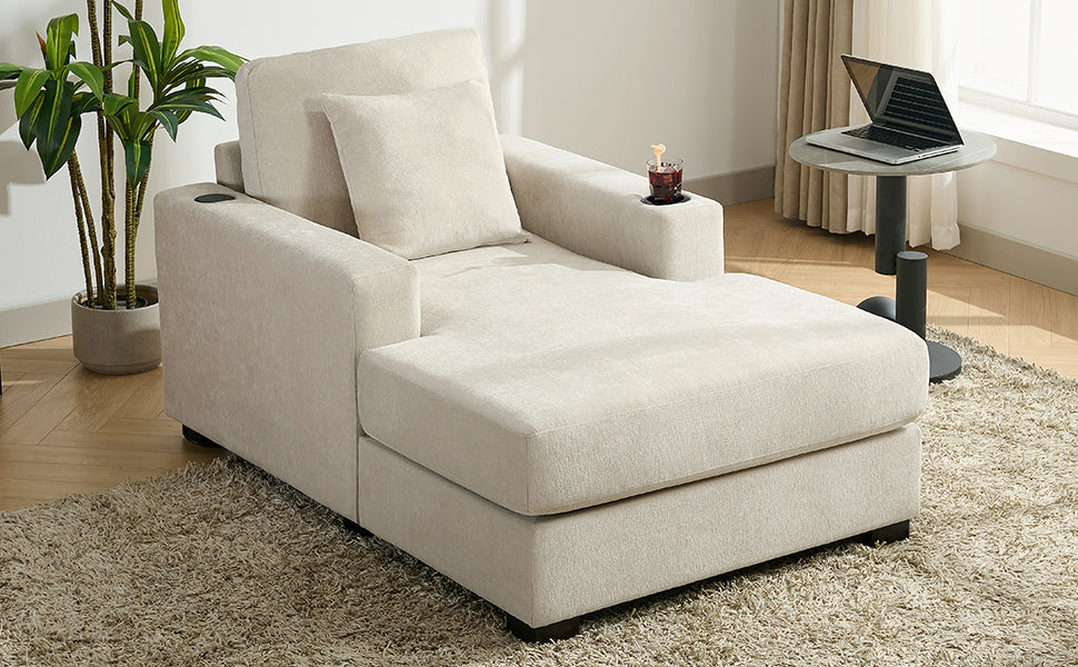 39.7" Oversized Chaise Lounger Modern Style Sofa Couch ,with Pillows, Charge Station & Cup Holders, Chenille Fabric, Cream - V.I.P Digital Presence