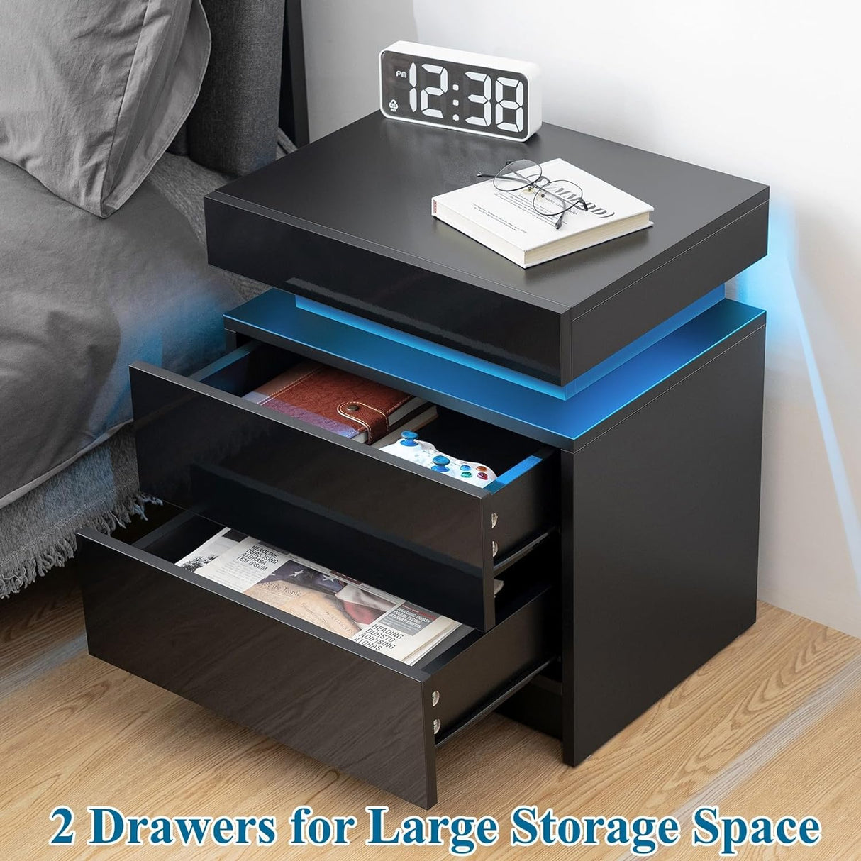 Modern Black LED Nightstand with Led Lights Bedside table with 2 High Gloss Drawers for Bedroom - V.I.P Digital Presence