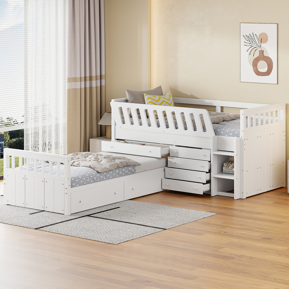 L-shaped Space-Saving Twin Loft and Twin Platform Bed with 7 Drawers and Full Guardrails(WHITE) - V.I.P Digital Presence