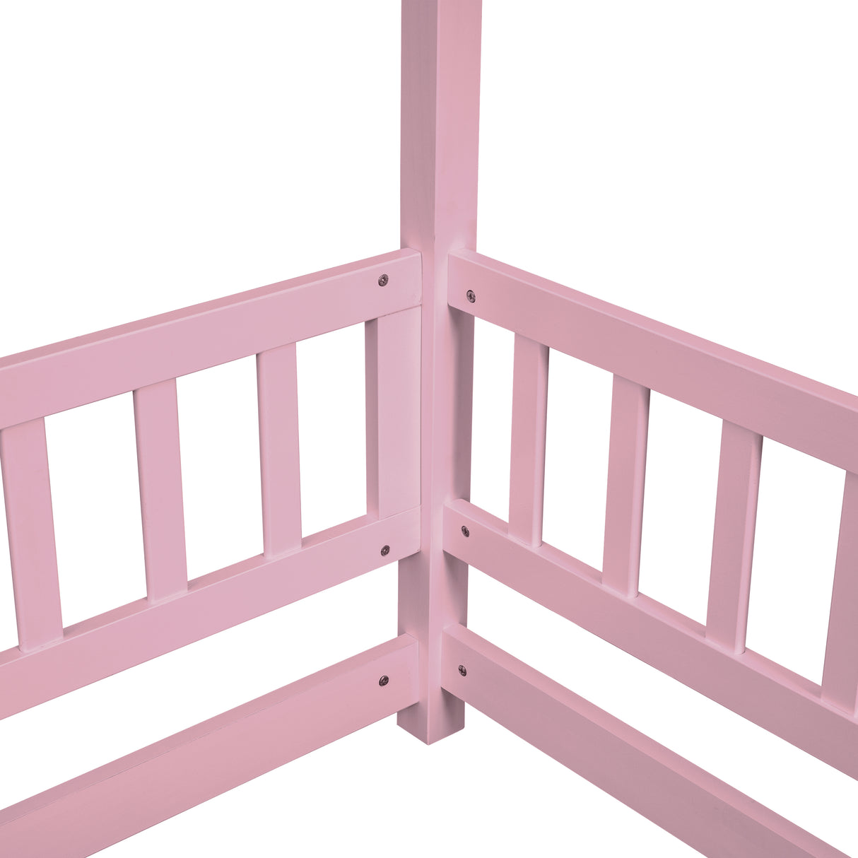 Full Size Floor Wooden Bed with House Roof Frame, Fence Guardrails ,Pink - V.I.P Digital Presence
