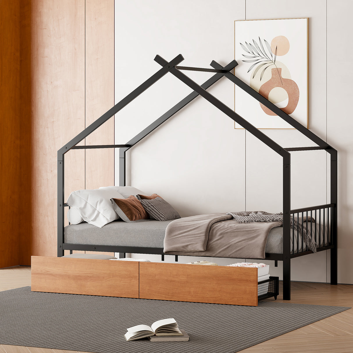 Twin Size Metal House Bed with Two Drawers, Black - V.I.P Digital Presence