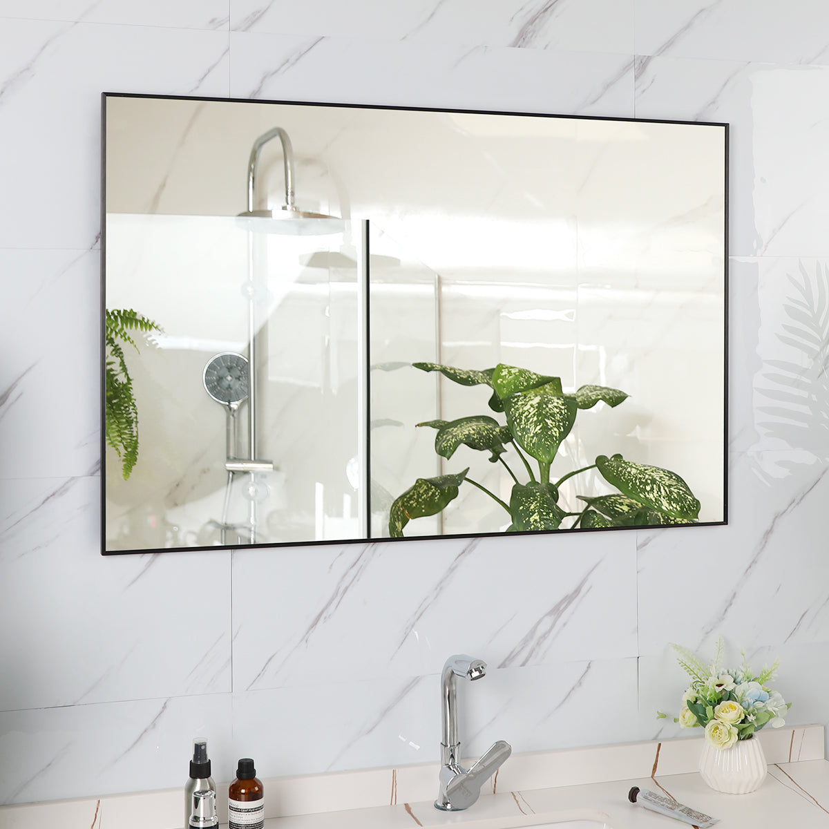 36x24 inch modern black bathroom mirror with aluminum frame decorative wall mirror suitable for living room, bedroom