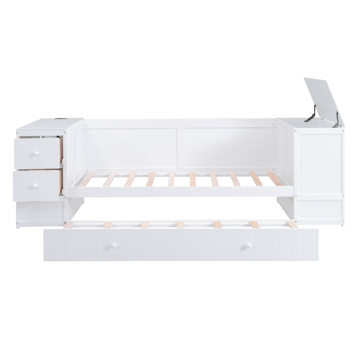 Twin Size Daybed with Storage Arms Trundle and Charging Station White