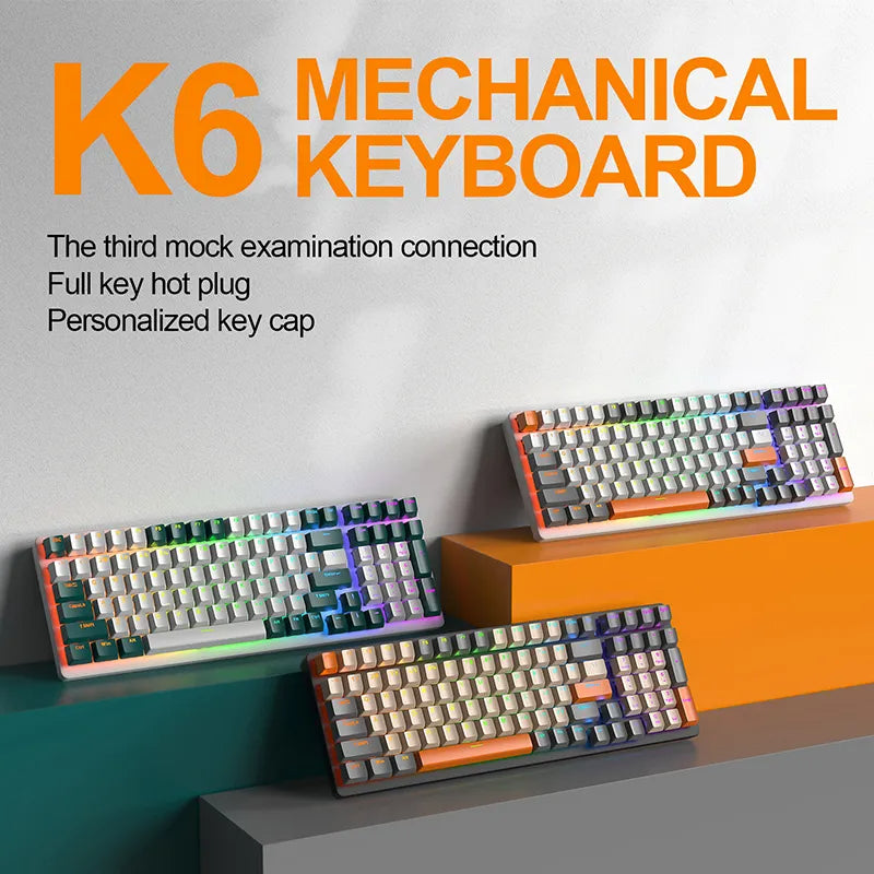 Teclado mecánico inalámbrico K6 5.0 BT 2.4 Ghz con cable, tres modos, retroiluminado, Bluetooth, para gamers, 100 teclas, para PC
