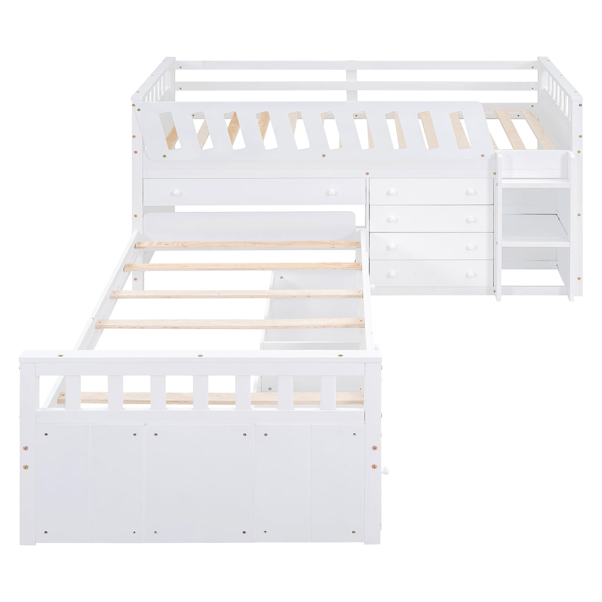 L-shaped Space-Saving Twin Loft and Twin Platform Bed with 7 Drawers and Full Guardrails(WHITE) - V.I.P Digital Presence