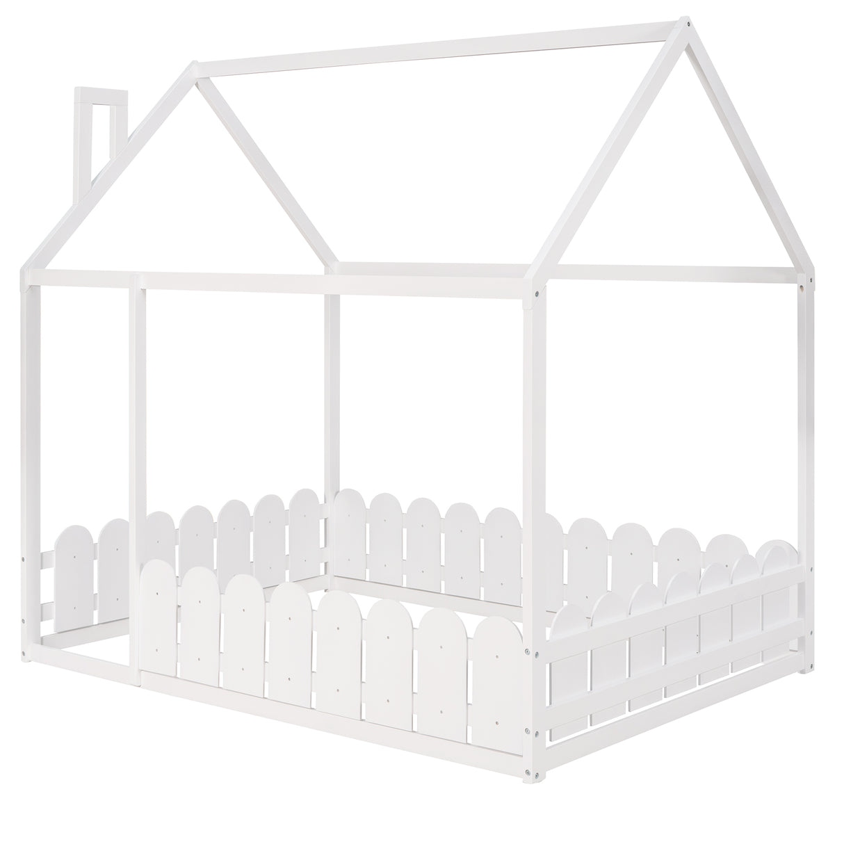 (Slats are not included) Full Size Wood Bed House Bed Frame with Fence for Kids Teens Girls Boys (White ) - V.I.P Digital Presence
