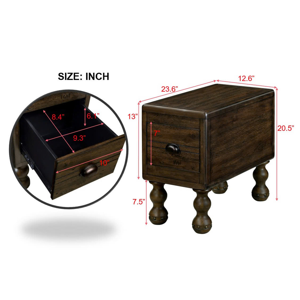 Solid wood end table, rectangular 23.6 inch narrow edge table with drawers, vintage bedside table, Espresso - V.I.P Digital Presence