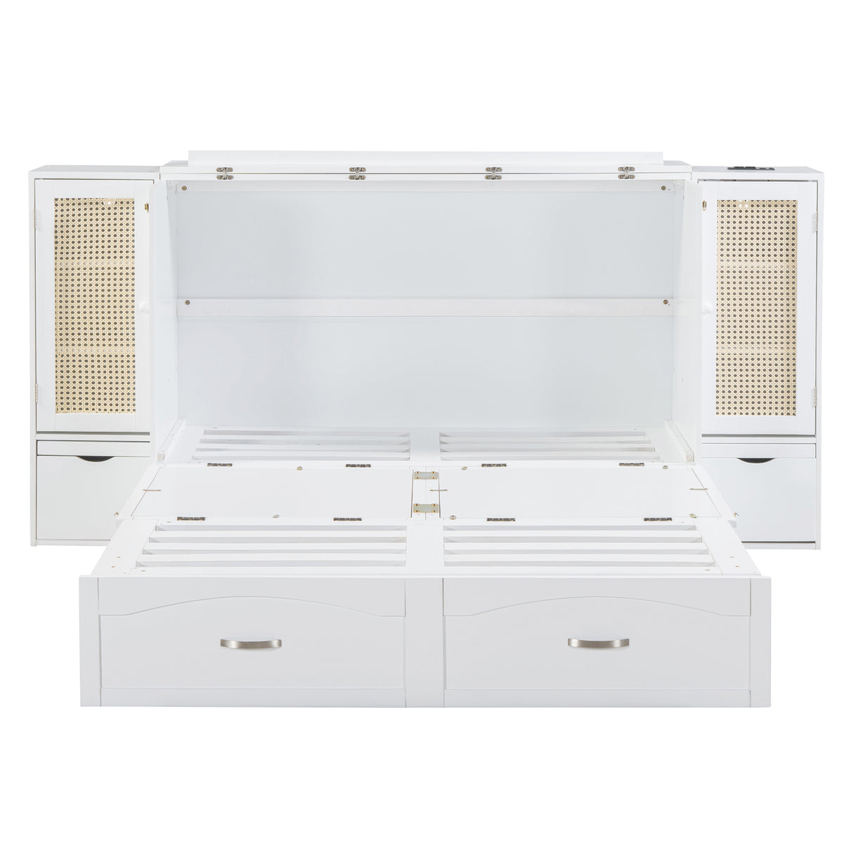 Large Murphy bed wall mounted bed with drawers, 2 storage cabinets, 1 set of sockets and USB ports, white - V.I.P Digital Presence