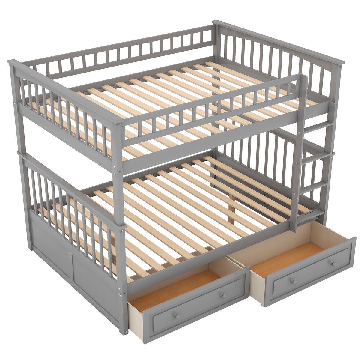 Full over Full Bunk Bed with Drawers, Convertible Beds Gray