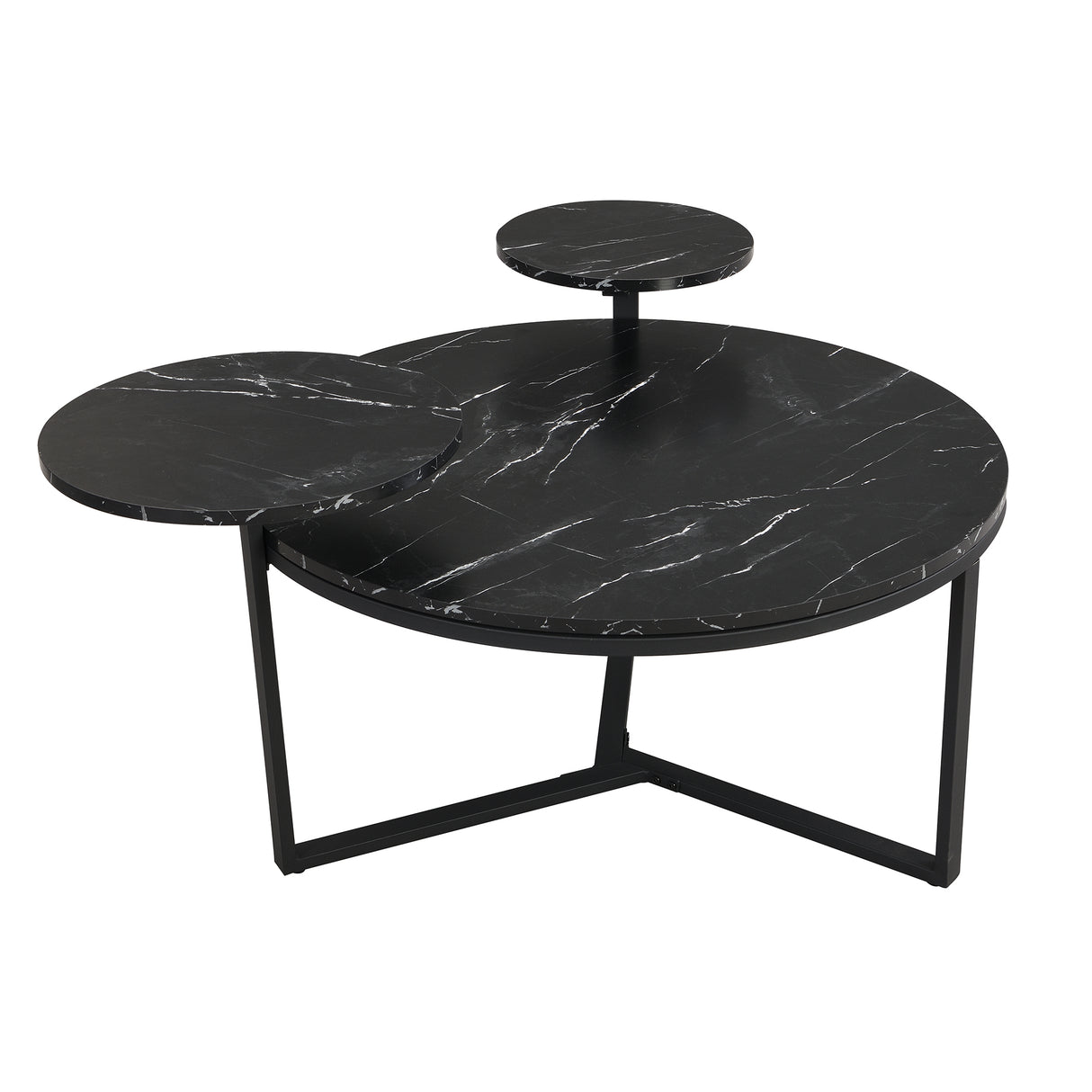 Modern coffee table with two display shelves, Black Faux marble surfaces, Tripod-inspired base,Rounded tabletop edges - V.I.P Digital Presence