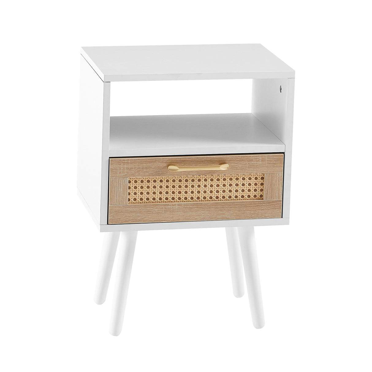 15.75" Rattan End table with drawer and solid wood legs Modern nightstand side table for living room white - V.I.P Digital Presence