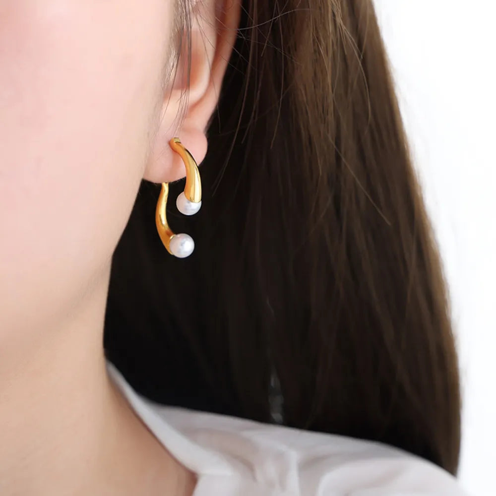 Elegant split design with high gloss pearl inlay simple titanium steel gold-plated earrings - V.I.P Digital Presence