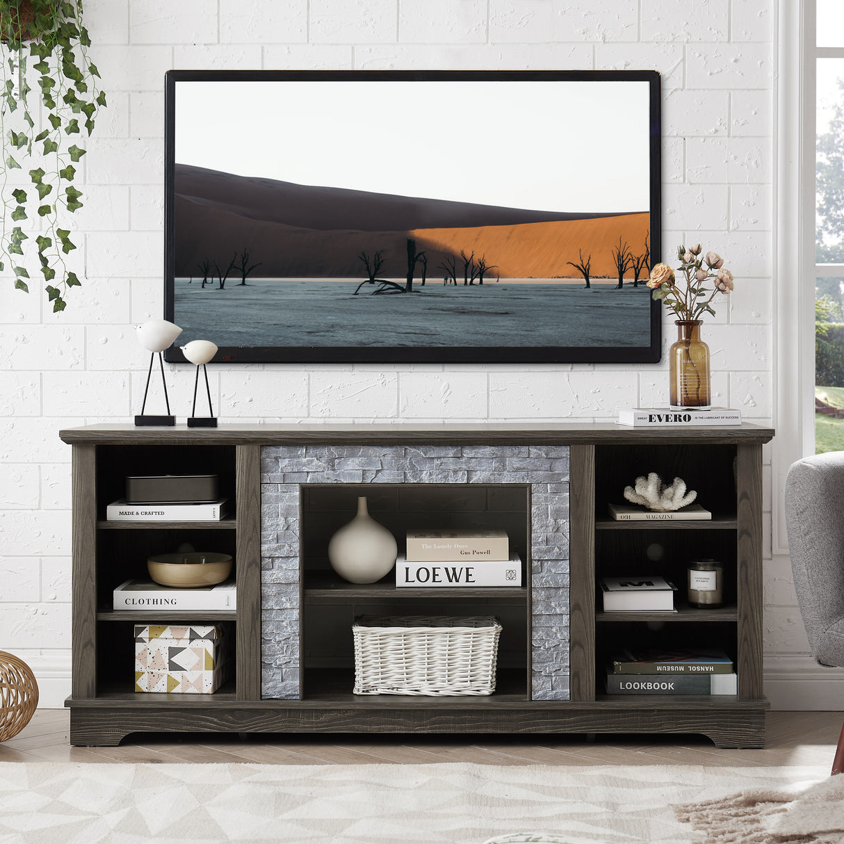 Mantel Stone modern entertainment console, manually stacked stone surrounds open storage space, gray - V.I.P Digital Presence