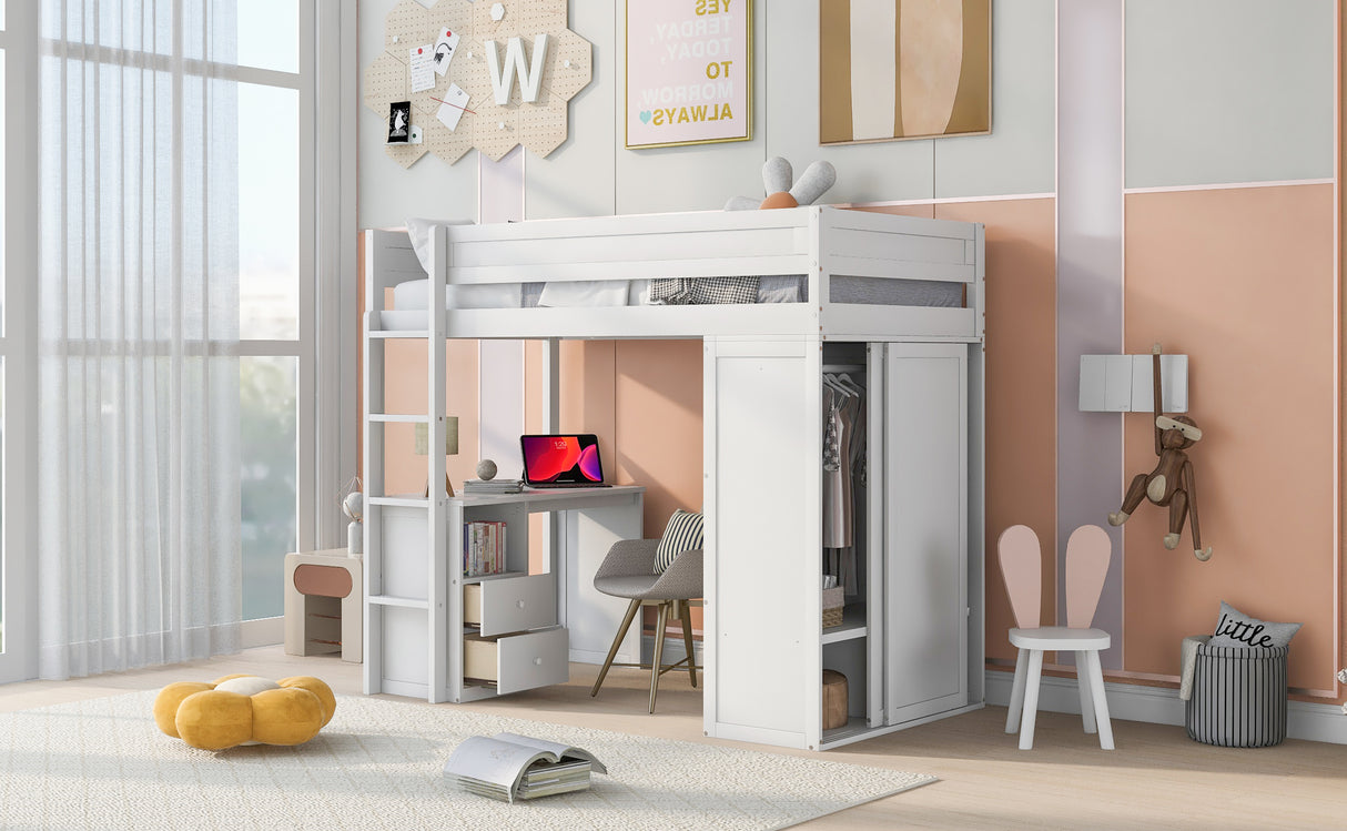 Wood Twin Size Loft Bed with Wardrobes and 2-Drawer Desk with Cabinet White